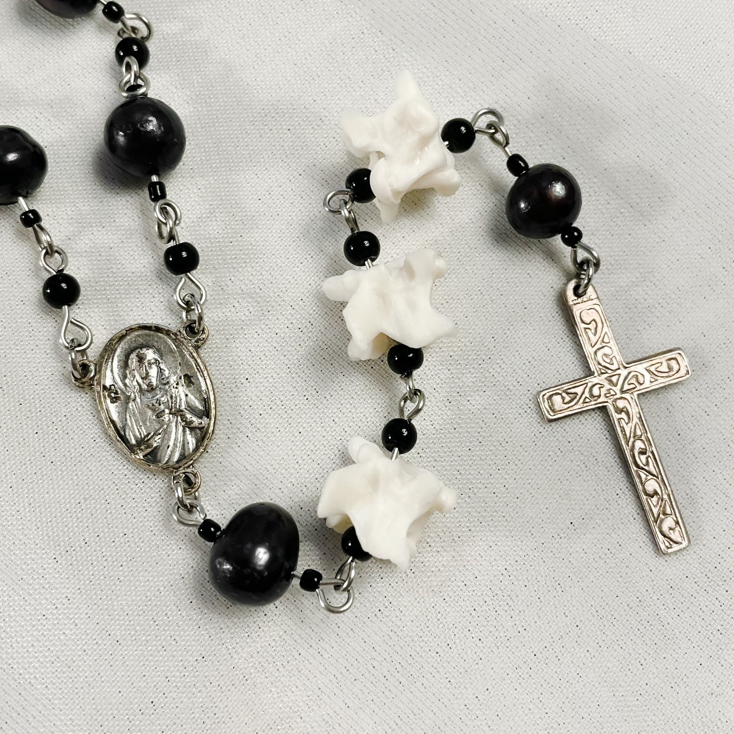 Dark Pearl Bone Rosary style necklace