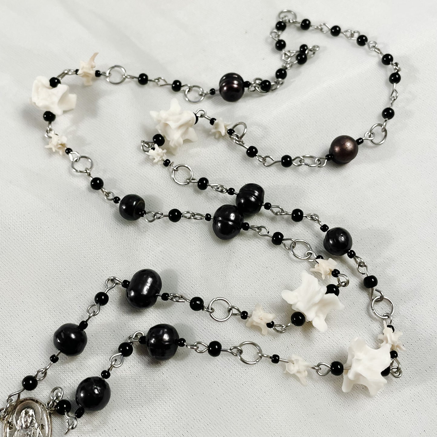 Dark Pearl Bone Rosary style necklace