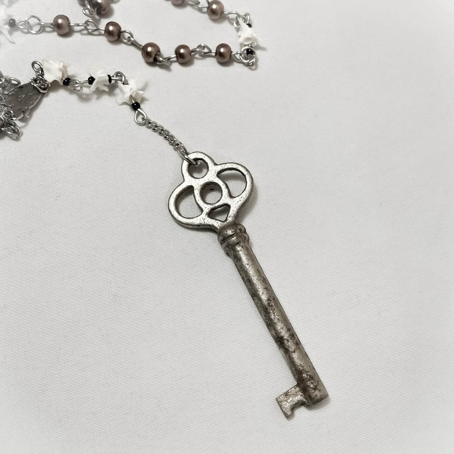 Antique Key & Bone Rosary style necklace—brown