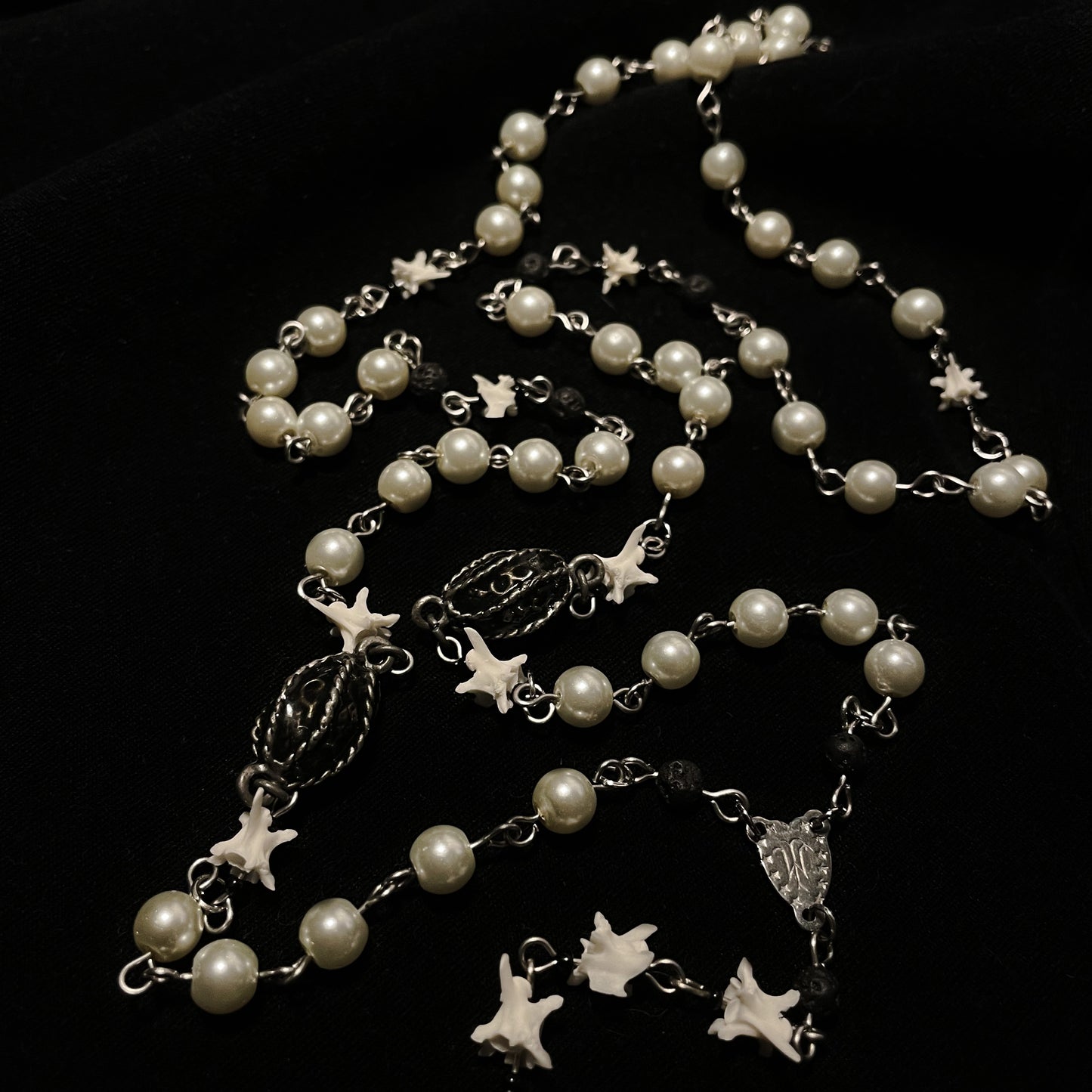 Antique Key & Bone rosary style necklace—pearl