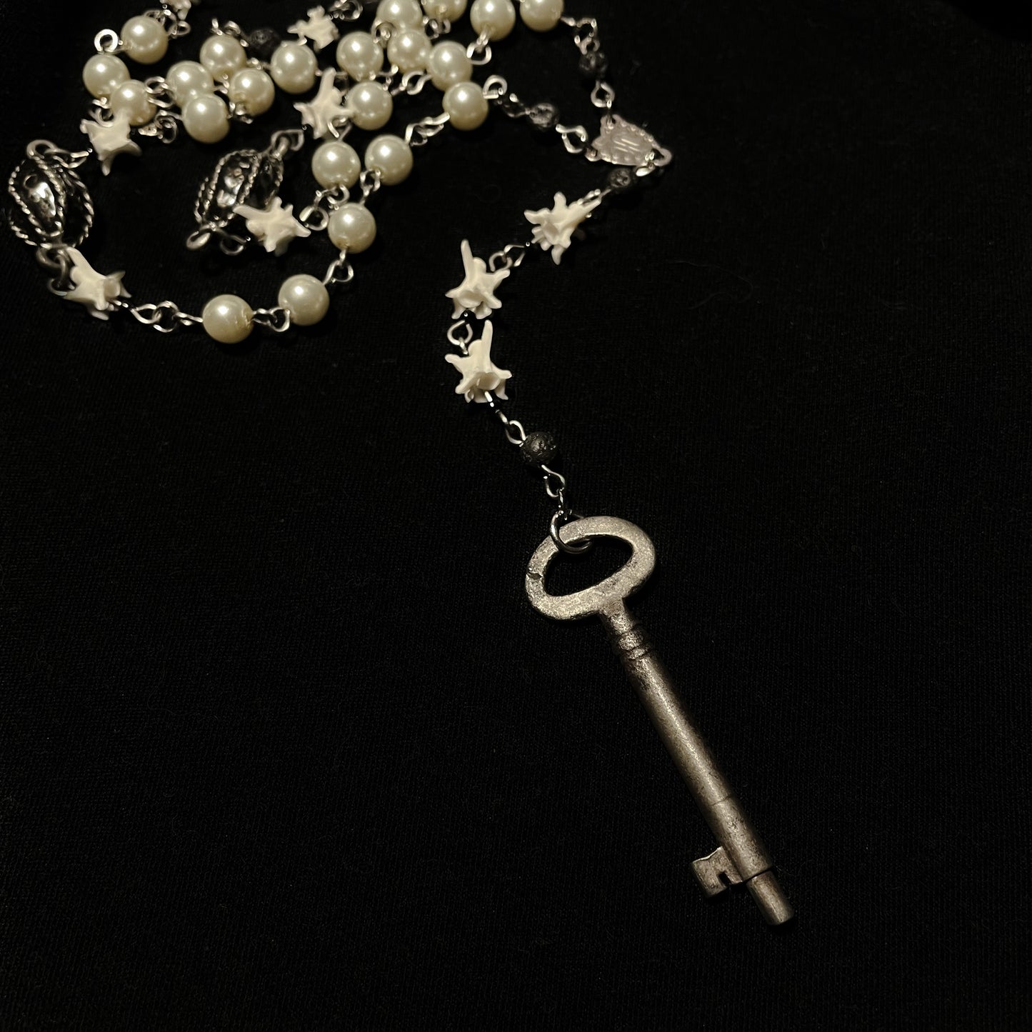 Antique Key & Bone rosary style necklace—pearl