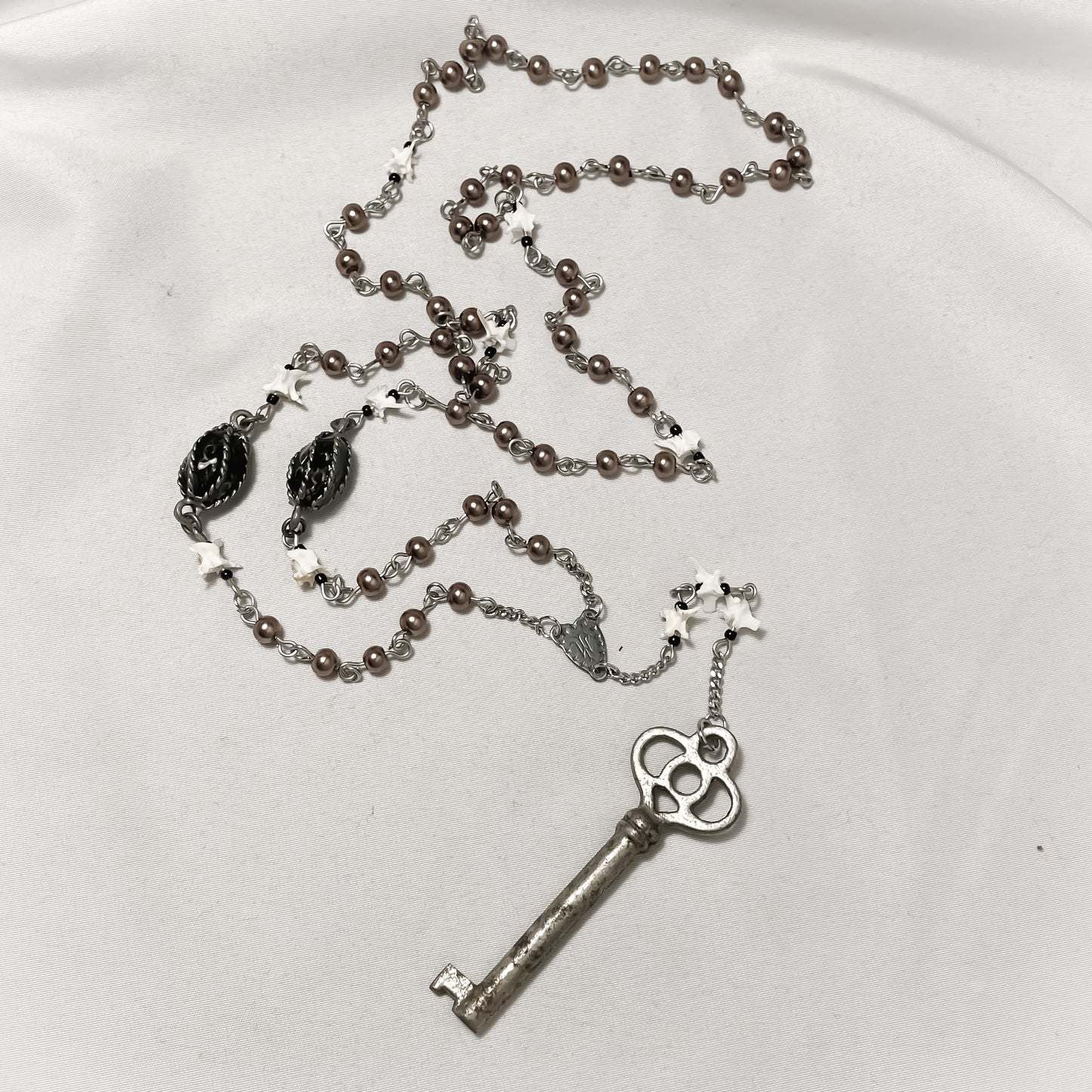 Antique Key & Bone Rosary style necklace—brown