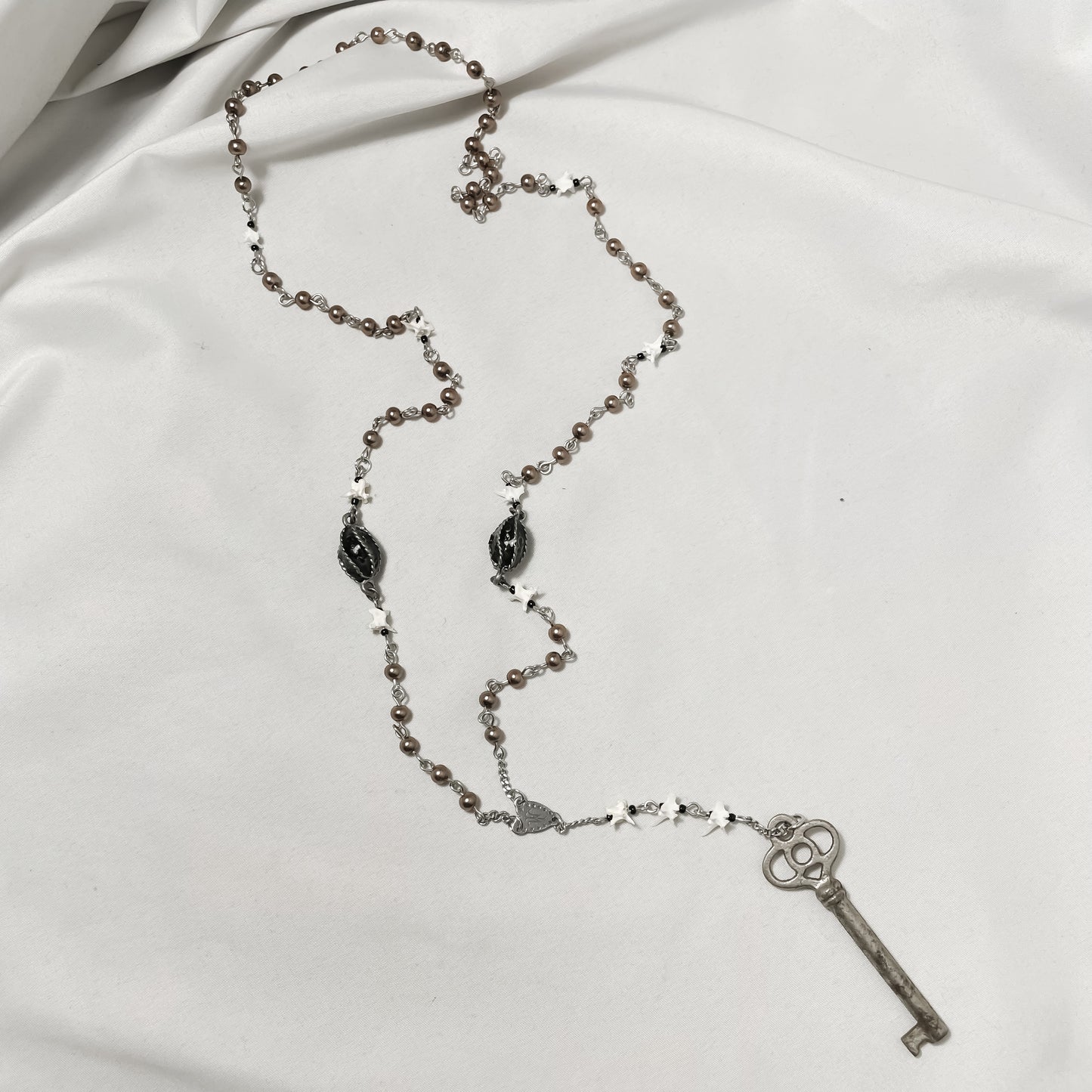 Antique Key & Bone Rosary style necklace—brown