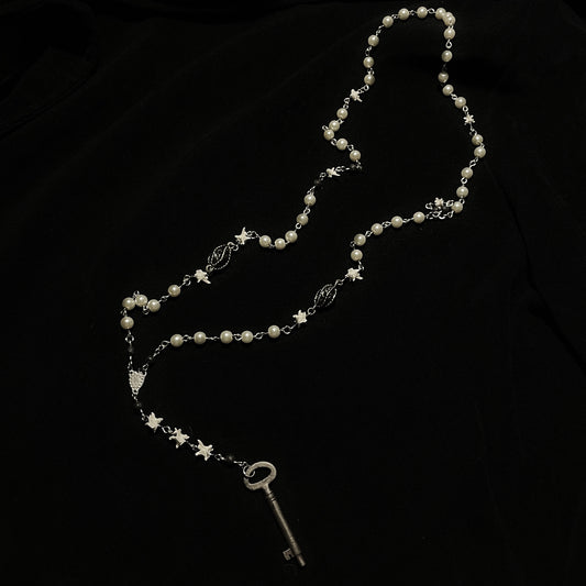 Antique Key & Bone rosary style necklace—pearl