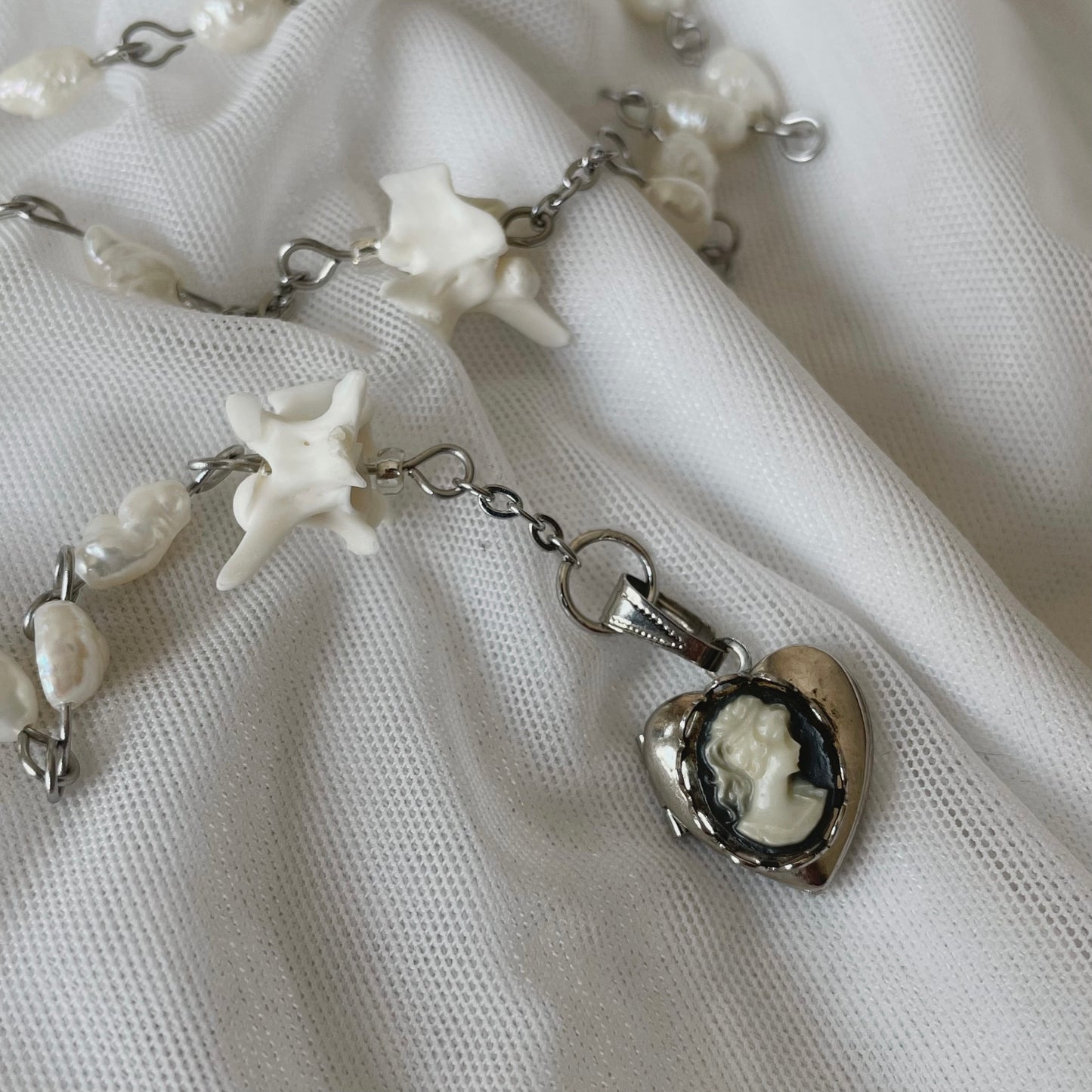 Freshwater pearl bone rosary w/ antique cameo