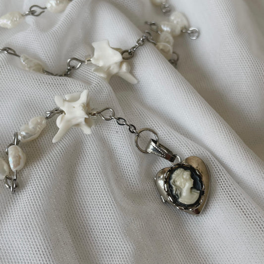 Freshwater pearl bone rosary w/ antique cameo