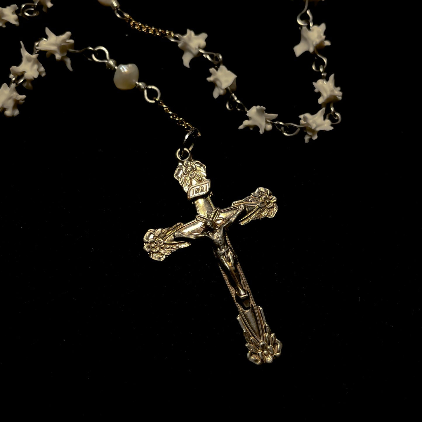 Vintage freshwater pearl Bone Rosary