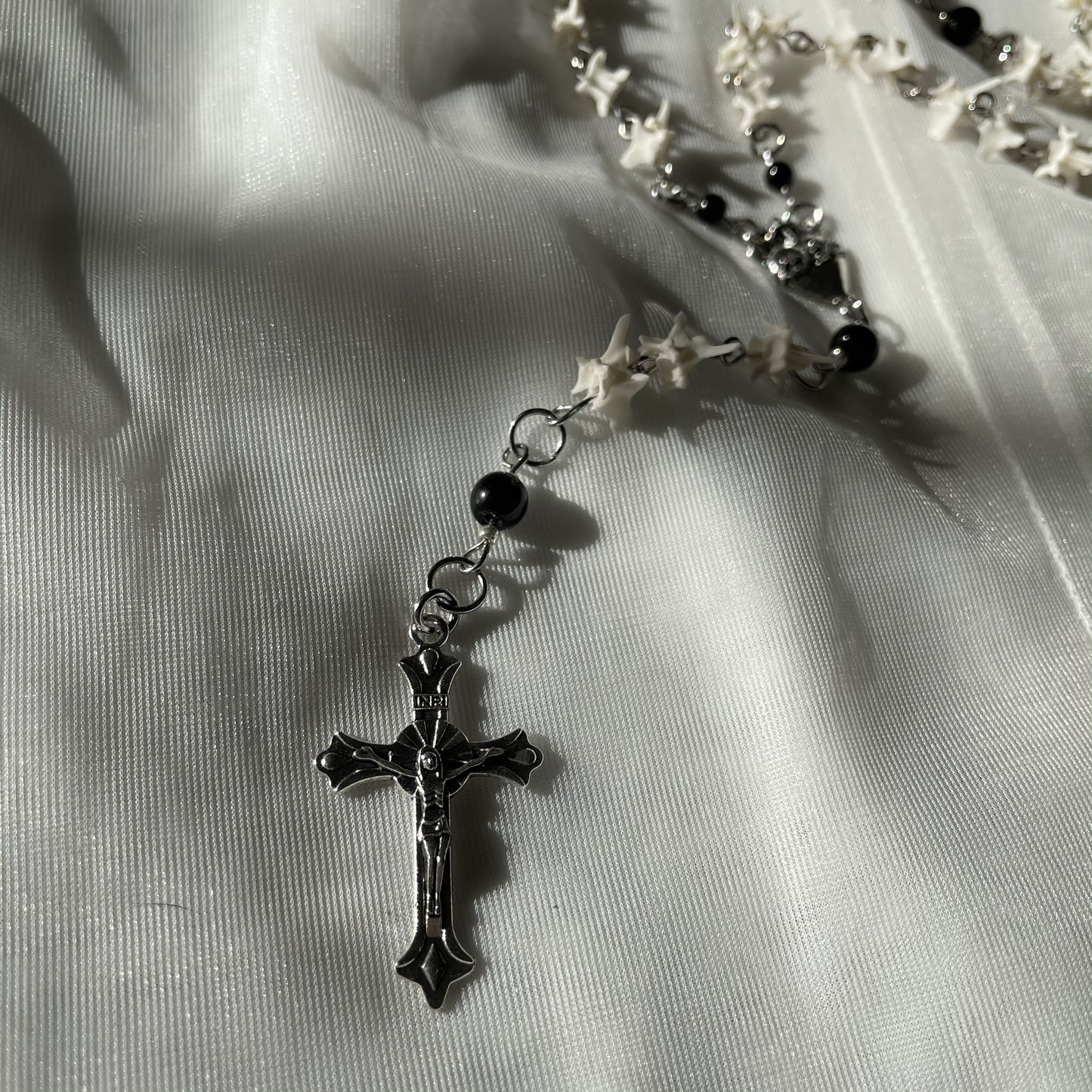 Sacred heart bone rosary w/ black onyx