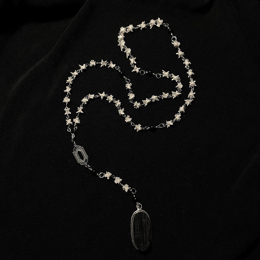 Bone rosary necklace w/ black tourmaline