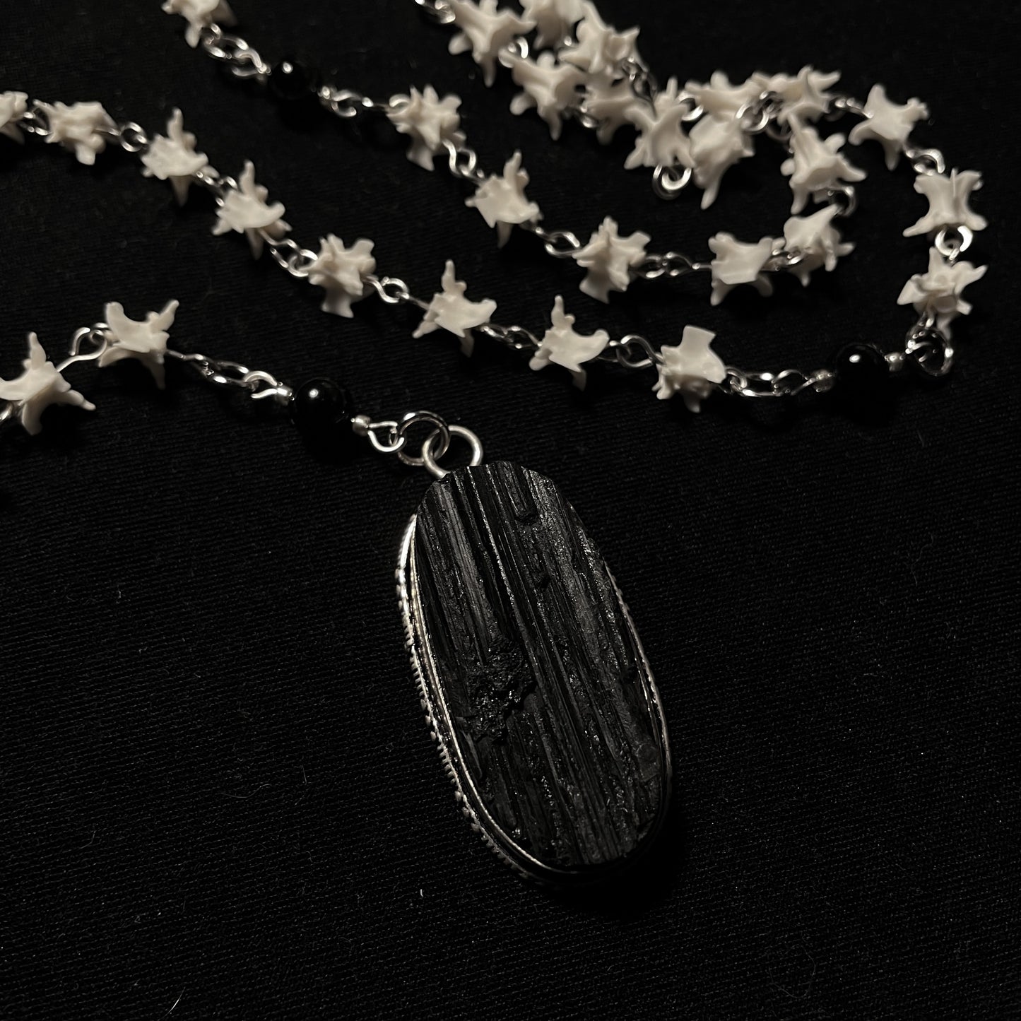 Bone rosary necklace w/ black tourmaline